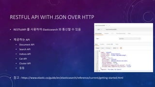 RESTFUL API WITH JSON OVER HTTP
• RESTfulAPI 를 사용하여 Elasticsearch 와 통신할 수 있음
• 제공하는 API
• Document API
• Search API
• Indices API
• Cat API
• Cluster API
• 등등
• 참고 : https://www.elastic.co/guide/en/elasticsearch/reference/current/getting-started.html
 