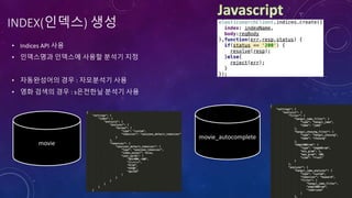 INDEX(인덱스) 생성
• Indices API 사용
• 인덱스명과 인덱스에 사용할 분석기 지정
• 자동완성어의 경우 : 자모분석기 사용
• 영화 검색의 경우 : s은전한닢 분석기 사용
movie_autocomplete
movie
 