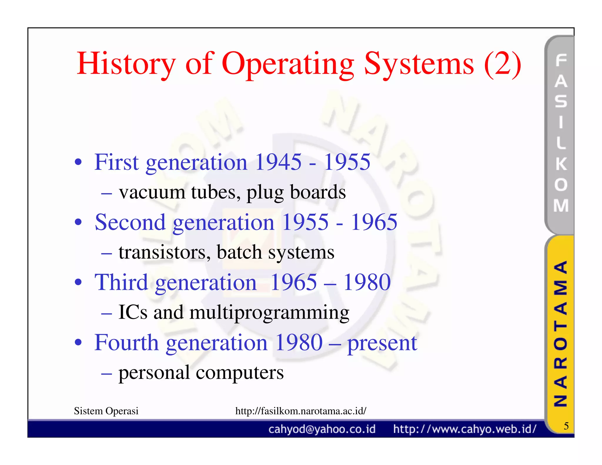 History of Operating Systems (2)

• First generation 1945 - 1955
     – vacuum tubes, plug boards
• Second generation 1955 - 1965
     – transistors, batch systems
• Third generation 1965 – 1980
     – ICs and multiprogramming
• Fourth generation 1980 – present
     – personal computers
Sistem Operasi       http://fasilkom.narotama.ac.id/
                                                       5
 