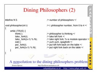 Dining Philosophers (2)




A nonsolution to the dining philosophers problem
 Sistem Operasi         http://fasilkom.narotama.ac.id/
                                                          18
 