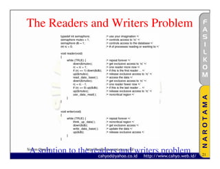The Readers and Writers Problem




 A solution to the readers and writers problem
Sistem Operasi   http://fasilkom.narotama.ac.id/
                                                   21
 