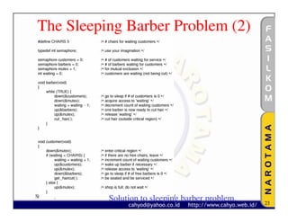 The Sleeping Barber Problem (2)




Sistem Operasi    http://fasilkom.narotama.ac.id/
                 Solution to sleeping barber problem.   23
 