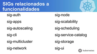 SIGs relacionados a
funcionalidades
sig-auth
sig-apps
sig-autoscaling
sig-cli
sig-multicluster
sig-network
sig-node
sig-scalability
sig-scheduling
sig-service-catalog
sig-storage
sig-ui
 