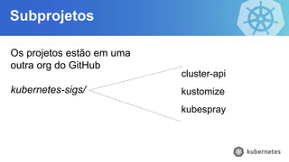 Subprojetos
Os projetos estão em uma
outra org do GitHub
kubernetes-sigs/
cluster-api
kustomize
kubespray
 