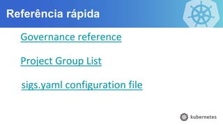 Referência rápida
Governance reference
Project Group List
sigs.yaml configuration file
 