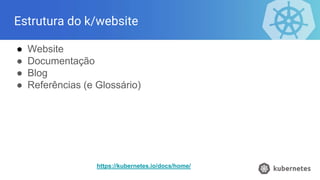 Estrutura do k/website
● Website
● Documentação
● Blog
● Referências (e Glossário)
https://kubernetes.io/docs/home/
 