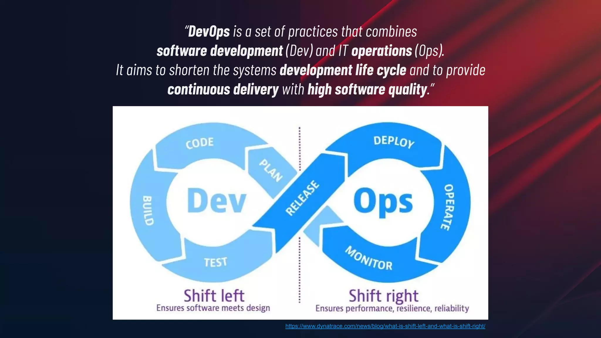 “DevOps is a set of practices that combines
software development (Dev) and IT operations (Ops).
It aims to shorten the systems development life cycle and to provide
continuous delivery with high software quality.”
https://www.dynatrace.com/news/blog/what-is-shift-left-and-what-is-shift-right/
 