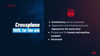 CROSSPLANE
Crossplane
YAML for the win
● Consistency across resources
● Application and infrastructure are
deployed at the same time
● Simple text ﬁle human and machine
readable
● Versioned
 