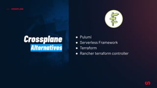 CROSSPLANE
Crossplane
Alternatives
● Pulumi
● Serverless Framework
● Terraform
● Rancher terraform controller
 