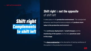 SHIFT LEFT & CLOUD NATIVE
Shift right
Complements
to shift left
Shift right is not the opposite
of shift left
It takes place in the production environment. The unexpected
behaviour and the performance analysis will produce more
value in the production environment.
The continuous deployment of small changes and the
monitoring of the system are the best practices used
in this stage.
The chaos engineering is the discipline of testing resilience of
the system in the production environment.
 