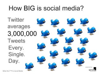 How  BIG  is social media? Twitter  averages 3,000,000  Tweets Every.  Single.  Day. What the F**K is Social Media 