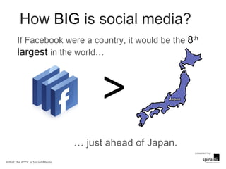 How  BIG  is social media? If Facebook were a country, it would be the  8 th  largest  in the world… > …  just ahead of Japan. What the F**K is Social Media 