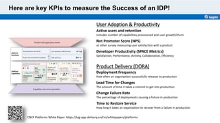 Here are key KPIs to measure the Success of an IDP!
CNCF Platforms White Paper: https://tag-app-delivery.cncf.io/whitepapers/platforms
Product Delivery (DORA)
Deployment Frequency
How often an organization successfully releases to production
Lead Time for Changes
The amount of time it takes a commit to get into production
Change Failure Rate
The percentage of deployments causing a failure in production
Time to Restore Service
How long it takes an organization to recover from a failure in production
User Adoption & Productivity
Active users and retention
includes number of capabilities provisioned and user growth/churn
Net Promoter Score (NPS)
or other survey measuring user satisfaction with a product
Developer Productivity (SPACE Metrics)
Satisfaction, Performance, Activity, Collaboration, Efficiency
 