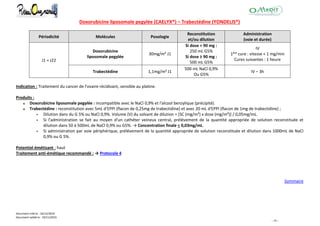 Document créé le : 16/12/2014
Document validé le : 19/11/2015
- 19 -
Doxorubicine liposomale pegylée (CAELYX®) – Trabectédine (YONDELIS®)
Périodicité Molécules Posologie
Reconstitution
et/ou dilution
Administration
(voie et durée)
J1 = J22
Doxorubicine
liposomale pegylée
30mg/m² J1
Si dose < 90 mg :
250 mL G5%
Si dose ≥ 90 mg :
500 mL G5%
IV
1ère cure : vitesse < 1 mg/min
Cures suivantes : 1 heure
Trabectédine 1,1mg/m² J1
500 mL NaCl 0,9%
Ou G5%
IV – 3h
Indication : Traitement du cancer de l'ovaire récidivant, sensible au platine.
Produits :
Doxorubicine liposomale pegylée : incompatible avec le NaCl 0,9% et l'alcool benzylique (précipité).
Trabectédine : reconstitution avec 5mL d'EPPI (flacon de 0,25mg de trabectidine) et avec 20 mL d'EPPI (flacon de 1mg de trabectidine) ;
 Dilution dans du G 5% ou NaCl 0,9%. Volume (V) du solvant de dilution = [SC (mg/m²) x dose (mg/m²)] / 0,05mg/mL.
 Si l'administration se fait au moyen d'un cathéter veineux central, prélévement de la quantité appropriée de solution reconstituée et
dilution dans 50 à 500mL de NaCl 0,9% ou G5%. → Concentration finale < 0,03mg/mL.
 Si administration par voie périphérique, prélévement de la quantité appropriée de solution reconstituée et dilution dans 1000mL de NaCl
0,9% ou G 5%.
Potentiel émétisant : haut
Traitement anti-émétique recommandé : → Protocole 4
Sommaire
 