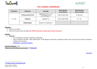 Document créé le : 16/12/2014
Document validé le : 19/11/2015
- 20 -
5-FU – Cisplatine + Radiothérapie
Périodicité Molécules Posologie
Reconstitution
et/ou dilution
Administration
(voie et durée)
J1 = J29
5-Fluorouracile (5-FU)
1000mg/m²/j de J1 à J4
(soit 4000mg/m²)
G5% ou NaCl 0,9% IV continue
Cisplatine 50mg/m² J1 250 mL NaCl 0,9% IV – 1h
Radiothérapie Semaine 1 et Semaine 5
Indication :
 Cancer du col utérin
 Cancer de la vulve, cancer du vagin (hors AMM8
, prescription à justifier dans le dossier du patient).
Produits :
Cisplatine :
 Pas de cisplatine si clairance créatinine < 60 mL/min.
 Dose cumulative maximale : 600 à 1000 mg/m²  Ne dépasser cette dose cumulative qu'apres s'être assuré que les fonctions rénales et
auditives sont correctes.
 Hydratation : cf protocole régional
Potentiel émétisant : haut
Traitement anti-émétique recommandé : → Protocole 4
Sommaire
8
M. Morris and al, N Engl J Med 1999
 