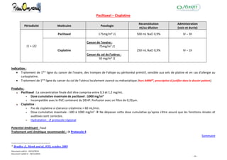 Document créé le : 16/12/2014
Document validé le : 19/11/2015
- 24 -
Paclitaxel – Cisplatine
Périodicité Molécules Posologie
Reconstitution
et/ou dilution
Administration
(voie et durée)
J1 = J22
Paclitaxel 175mg/m² J1 500 mL NaCl 0,9% IV – 3h
Cisplatine
Cancer de l'ovaire :
75mg/m² J1
250 mL NaCl 0,9% IV – 1h
Cancer du col de l'utérus :
50 mg/m² J1
Indication :
 Traitement de 1ère ligne du cancer de l'ovaire, des trompes de Fallope ou péritonéal primitif, sensible aux sels de platine et en cas d'allergie au
carboplatine.
 Traitement de 1ère ligne du cancer du col de l'utérus localement avancé ou métastatique (hors AMM10
, prescription à justifier dans le dossier patient).
Produits :
Paclitaxel : La concentration finale doit être comprise entre 0,3 et 1,2 mg/mL.
 Dose cumulative maximale de paclitaxel : 1000 mg/m²
 Incompatible avec le PVC contenant du DEHP. Perfusion avec un filtre de 0,22µm.
Cisplatine :
 Pas de cisplatine si clairance créatinine < 60 mL/min.
 Dose cumulative maximale : 600 à 1000 mg/m²  Ne dépasser cette dose cumulative qu'apres s'être assuré que les fonctions rénales et
auditives sont correctes.
 Hydratation : cf protocole régional
Potentiel émétisant : haut
Traitement anti-émétique recommandé : → Protocole 4
Sommaire
10
Bradley J., Monk and al, JCO, octobre 2009
 