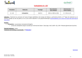 Document créé le : 16/12/2014
Document validé le : 19/11/2015
- 34 -
Carboplatine J1 = J22
Périodicité Molécules Posologie
Reconstitution
et/ou dilution
Administration
(voie et durée)
J1 = J22 Carboplatine AUC5 J1 250 mL à 500 mL G5% IV – 30 min à 1h
Indication : Traitement du carcinome de l'ovaire d'origine épithéliale, des trompes de Fallope ou péritonéal primitif, en 1ère ligne de traitement ou en
rechute, sensible aux sels de platine, et en cas de contre-indication à une polychimiothérapie (recommandations sur le cancer de l'ovaire Nice Saint Paul de
Vence 2012).
Produits :
Carboplatine : concentration minimale de 0,5mg/mL.
 La dose de carboplatine (mg) est calculée par la formule de Calvert : Dose (mg) = AUC x (GFR + 25) ; GFR = filtration glomérulaire (mL/min)
Potentiel émétisant : moyen
Traitement anti-émétique recommandé : → Protocole 3
Sommaire
 