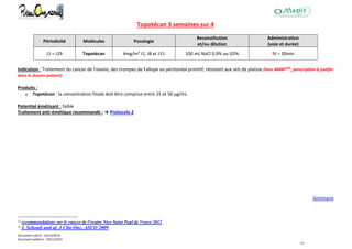 Document créé le : 16/12/2014
Document validé le : 19/11/2015
- 41 -
Topotécan 3 semaines sur 4
Périodicité Molécules Posologie
Reconstitution
et/ou dilution
Administration
(voie et durée)
J1 = J29 Topotécan 4mg/m² J1, J8 et J15 100 mL NaCl 0,9% ou G5% IV – 30min
Indication : Traitement du cancer de l'ovaire, des trompes de Fallope ou péritonéal primitif, résistant aux sels de platine (hors AMM2324
, prescription à jsutifer
dans le dossier patient).
Produits :
Topotécan : la concentration finale doit être comprise entre 25 et 50 µg/mL.
Potentiel émétisant : faible
Traitement anti-émétique recommandé : → Protocole 2
Sommaire
23
recommandations sur le cancer de l'ovaire Nice Saint Paul de Vence 2012
24
J. Sehouli and al, J Clin Onc, ASCO 2009
 