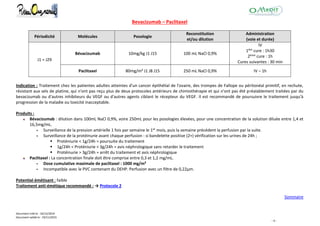 Document créé le : 16/12/2014
Document validé le : 19/11/2015
- 8 -
Bevacizumab – Paclitaxel
Périodicité Molécules Posologie
Reconstitution
et/ou dilution
Administration
(voie et durée)
J1 = J29
Bévacizumab 10mg/kg J1 J15 100 mL NaCl 0,9%
IV
1ère cure : 1h30
2ème cure : 1h
Cures suivantes : 30 min
Paclitaxel 80mg/m² J1 J8 J15 250 mL NaCl 0,9% IV – 1h
Indication : Traitement chez les patientes adultes atteintes d'un cancer épithélial de l'ovaire, des trompes de Fallope ou péritonéal primitif, en rechute,
résistant aux sels de platine, qui n'ont pas reçu plus de deux protocoles antérieurs de chimiothérapie et qui n'ont pas été préalablement traitées par du
bevacizumab ou d'autres inhibiteurs du VEGF ou d'autres agents ciblant le récepteur du VEGF. Il est recommandé de poursuivre le traitement jusqu'à
progression de la maladie ou toxicité inacceptable.
Produits :
Bévacizumab : dilution dans 100mL NaCl 0,9%, voire 250mL pour les posologies élevées, pour une concentration de la solution diluée entre 1,4 et
16,5mg/mL.
 Surveillance de la pression artérielle 1 fois par semaine le 1er mois, puis la semaine précédent la perfusion par la suite.
 Surveillance de la protéinurie avant chaque perfusion : si bandelette positive (2+) vérification sur les urines de 24h ;
 Proténiurie < 1g/24h = poursuite du traitement
 1g/24h < Proténiurie < 3g/24h = avis néphrologique sans retarder le traitement
 Protéinurie > 3g/24h = arrêt du traitement et avis néphrologique
Paclitaxel : La concentration finale doit être comprise entre 0,3 et 1,2 mg/mL.
 Dose cumulative maximale de paclitaxel : 1000 mg/m²
 Incompatible avec le PVC contenant du DEHP. Perfusion avec un filtre de 0,22µm.
Potentiel émétisant : faible
Traitement anti-émétique recommandé : → Protocole 2
Sommaire
 