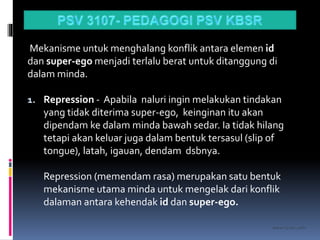 kasran hj mat jiddin
Mekanisme untuk menghalang konflik antara elemen id
dan super-ego menjadi terlalu berat untuk ditanggung di
dalam minda.
1. Repression - Apabila naluri ingin melakukan tindakan
yang tidak diterima super-ego, keinginan itu akan
dipendam ke dalam minda bawah sedar. Ia tidak hilang
tetapi akan keluar juga dalam bentuk tersasul (slip of
tongue), latah, igauan, dendam dsbnya.
Repression (memendam rasa) merupakan satu bentuk
mekanisme utama minda untuk mengelak dari konflik
dalaman antara kehendak id dan super-ego.
 