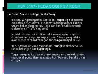 kasran hj mat jiddin
6. Psiko-Analisis sebagai suatuTerapi
Individu yang mengalami konflik id – super-ego dibiarkan
meluahkan fantasinya, dendamnya,kerisauannya dsbnya
secara bebas akan merasa lega dari konfliks dalam yang
dialaminya. (TheTalking cure)
Individu ditempatkan di persekitaran yang tenang dan
dibiarkan bercakap tanpa gangguan. Situasi yang relaks
akan menyebabkan kekangan super-ego menjadi relaks.
Kehendak naluri yang terpendam mungkin akan terkeluar
tanpa kekangan dari super-ego.
Tugas penganalisa adalah untuk membantu individu untuk
mengenali punca dan mengatasi konfliks yang berlaku dalam
dirinya.
 