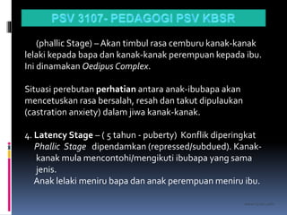 kasran hj mat jiddin
(phallic Stage) – Akan timbul rasa cemburu kanak-kanak
lelaki kepada bapa dan kanak-kanak perempuan kepada ibu.
Ini dinamakan Oedipus Complex.
Situasi perebutan perhatian antara anak-ibubapa akan
mencetuskan rasa bersalah, resah dan takut dipulaukan
(castration anxiety) dalam jiwa kanak-kanak.
4. Latency Stage – ( 5 tahun - puberty) Konflik diperingkat
Phallic Stage dipendamkan (repressed/subdued). Kanak-
kanak mula mencontohi/mengikuti ibubapa yang sama
jenis.
Anak lelaki meniru bapa dan anak perempuan meniru ibu.
 
