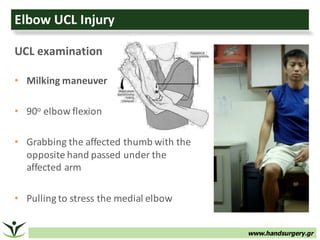 www.handsurgery.gr
Elbow	UCL	Injury
UCL	examination
• Milking	maneuver
• 90o elbow	flexion
• Grabbing	the	affected	thumb	with	the	
opposite	hand	passed	under	the	
affected	arm
• Pulling	to	stress	the	medial	elbow
 