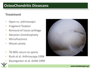 www.handsurgery.gr
OsteoChondritis Dissecans
Treatment
• Open	vs.	arthroscopic
• Fragment	fixation
• Removal	of	loose	cartilage
• Abrasion	chondroplasty
• Microfractures
• Mosaic	plasty
• 70-90%	return	to	sports
• Rush	et	al.	Arthroscopy	1998
• Baumgarten et	al.	AJSM	1999
 