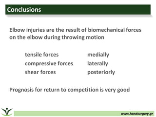 www.handsurgery.gr
Conclusions
Elbow	injuries	are	the	result	of	biomechanical	forces	
on	the	elbow	during	throwing	motion
tensile	forces	 medially
compressive	forces laterally
shear	forces	 posteriorly
Prognosis	for	return	to	competition	is	very	good
 