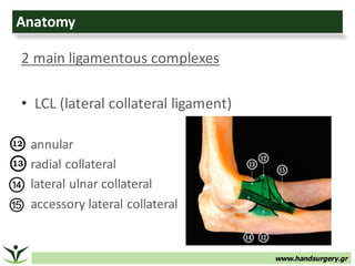 www.handsurgery.gr
Anatomy	
2	main	ligamentous	complexes
• LCL	(lateral	collateral	ligament)
annular
radial	collateral
lateral	ulnar	collateral
accessory	lateral	collateral
 
