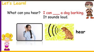 hear
What can you hear? I can ___ a dog barking.
It sounds loud.
Let’s Learn!
 