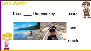 taste
see
touch
I can ___ the monkey.
Let’s Match!
 