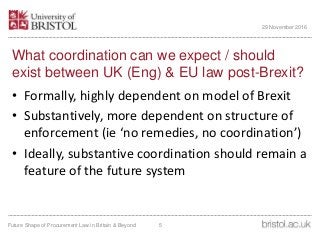 What coordination can we expect / should
exist between UK (Eng) & EU law post-Brexit?
• Formally, highly dependent on model of Brexit
• Substantively, more dependent on structure of
enforcement (ie ‘no remedies, no coordination’)
• Ideally, substantive coordination should remain a
feature of the future system
Future Shape of Procurement Law in Britain & Beyond 5
29 November 2016
 