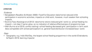 School feeding
Evidence
• Bangladesh (Ravallion & Wodon 2000): Food-For-Education (take-home) reduced child
participation ...