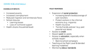 COVID-19 & child labour
CHANNELS OF IMPACTS POLICY RESPONSES
• Increased poverty
• Increased unemployment
• Reduced migrat...