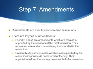 Step 7: Amendments Amendments are modifications to draft resolutions.There are 2 types of Amendments:Friendly: These are amendments which are created or supported by the sponsors of the draft resolution. They require no vote and are immediately incorporated in the resolution.Unfriendly: Any amendments which is not supported by the resolutions’ sponsors is considered unfriendly. Their application follows the same process as that of a resolution.
