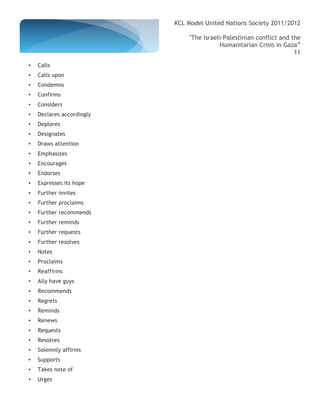 KCL Model United Nations Society 2011/2012

                               "The Israeli-Palestinian conflict and the
                                          Humanitarian Crisis in Gaza”
                                                                      11

•   Calls
•   Calls upon
•   Condemns
•   Confirms
•   Considers
•   Declares accordingly
•   Deplores
•   Designates
•   Draws attention
•   Emphasizes
•   Encourages
•   Endorses
•   Expresses its hope
•   Further invites
•   Further proclaims
•   Further recommends
•   Further reminds
•   Further requests
•   Further resolves
•   Notes
•   Proclaims
•   Reaffirms
•   Ally have guys
•   Recommends
•   Regrets
•   Reminds
•   Renews
•   Requests
•   Resolves
•   Solemnly affirms
•   Supports
•   Takes note of
•   Urges
 