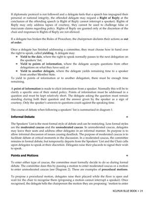 If diplomatic protocol is not followed and a delegate feels that a speech has impugned their
personal or national integrity, the offended delegate may request a Right of Reply at the
conclusion of the offending speech (a Right of Reply cannot interrupt a speaker). Rights of
Reply may only address lapses of courtesy, they cannot be used to challenge false or
inaccurate claims regarding policy. Rights of Reply are granted only at the discretion of the
chair and responses to Rights of Reply are not allowed.

If a delegate has broken the Rules of Procedure, the chairperson declares their actions as out
of order.

Once a delegate has finished addressing a committee, they must choose how to hand over
the right to speak, called yielding. A delegate may:
        Yield to the dais, where the right to speak normally passes to the next delegation on
        the speakers’ list;
        Yield to points of information, where the delegate accepts questions from other
        delegations on what they have said; or
        Yield to another delegate, where the delegate yields remaining time to a speaker
        from another Member State.
To yield to points of information or to another delegation, there must be enough time
remaining.

A point of information is made to elicit information from a speaker. Normally this will be to
clarify a specific area of their stated policy. Points of information must be addressed in a
question and must be kept relatively short. The delegate asking the question must remain
standing during both their question and the answer given by the speaker as a sign of
courtesy. Only the speaker’s answers to questions count against the speaking time.

The course of debate when following a speakers’ list is summarised in diagram 1.

$ (       .                                                                                   !

The Speakers’ List is the most formal style of debate and can be restricting. Less formal styles
are the moderated caucus and the unmoderated caucus. In unmoderated caucus, delegates
may leave their seats and address other delegates in an informal manner. Its purpose is to
allow informal discussion of issues causing deadlock. The purpose of moderated caucus is to
facilitate debate at critical moments in the discussion. In a moderated caucus, the committee
remains in formal debate, but temporarily departs from the Speakers’ List and the Chair calls
upon delegates to speak at their discretion. Delegates raise their placards to signal their wish
to speak.

)                                                                                             !

To enter either type of caucus, the committee must formally decide to do so during formal
debate. The committee does this by passing a motion to enter moderated caucus or a motion
to enter unmoderated caucus (see Diagram 2). These are examples of procedural motions.

To propose a procedural motion, delegates raise their placard while the floor is open and
wait for the chair to recognise them (proposing a motion cannot interrupt a speaker). Once
recognised, the delegate tells the chairperson the motion they are proposing: ‘motion to enter
 