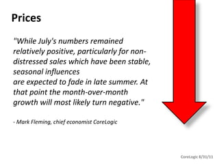 Prices
"While July's numbers remained
relatively positive, particularly for non-
distressed sales which have been stable,
seasonal influences
are expected to fade in late summer. At
that point the month-over-month
growth will most likely turn negative."

- Mark Fleming, chief economist CoreLogic




                                             CoreLogic 8/31/11
 