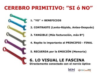CEREBRO PRIMITIVO: ”SI ó NO” 
1. “YO” = BENEFICIOS 
2. CONTRASTE (Lento-Rápido, Antes-Después) 
3. TANGIBLE (Más facturación, más Bº) 
4. Repite lo importante al PRINCIPIO - FINAL 
5. RECUERDA por la EMOCIÓN (Memoria) 
6. LO VISUAL LE FASCINA 
Directamente conectado con el nervio óptico 
 