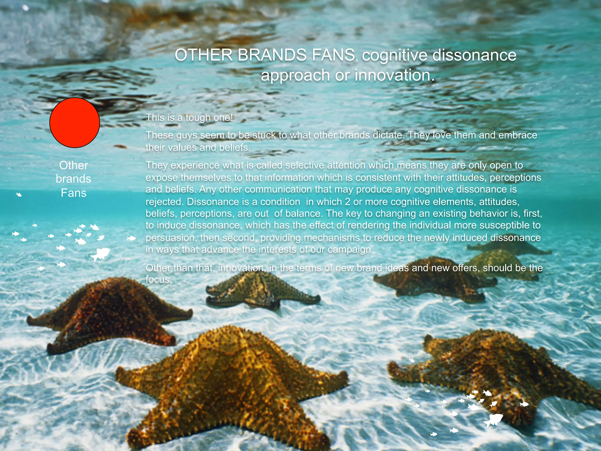 OTHER BRANDS FANS, cognitive dissonance
                       approach or innovation.

         This is a tough one!
         These guys seem to be stuck to what other brands dictate. They love them and embrace
         their values and beliefs.
 Other   They experience what is called selective attention which means they are only open to
brands   expose themselves to that information which is consistent with their attitudes, perceptions
 Fans    and beliefs. Any other communication that may produce any cognitive dissonance is
         rejected. Dissonance is a condition in which 2 or more cognitive elements, attitudes,
         beliefs, perceptions, are out of balance. The key to changing an existing behavior is, first,
         to induce dissonance, which has the effect of rendering the individual more susceptible to
         persuasion, then second, providing mechanisms to reduce the newly induced dissonance
         in ways that advance the interests of our campaign.
         Other than that, innovation, in the terms of new brand ideas and new offers, should be the
         focus.
 