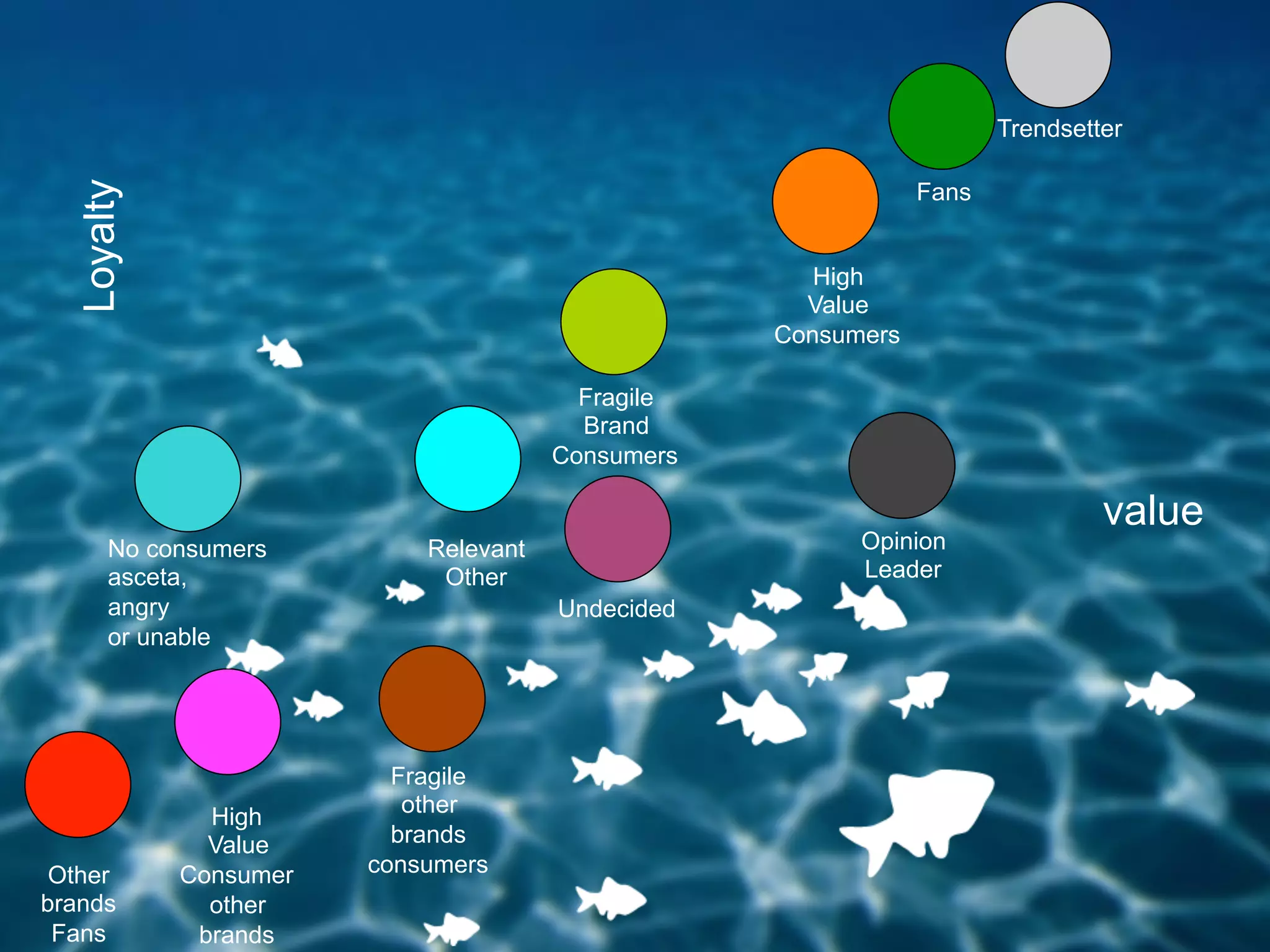 Trendsetter

                                                              Fans
  Loyalty



                                                     High
                                                    Value
                                                  Consumers

                                        Fragile
                                        Brand
                                      Consumers

                                                                              value
      No consumers         Relevant                     Opinion
      asceta,               Other                       Leader
      angry                           Undecided
      or unable




                         Fragile
                          other
              High
              Value      brands
 Other      Consumer   consumers
brands        other
 Fans        brands
 