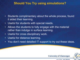 Re-purposing – in houseSo, you can re-purpose a good simulation for own use depending on the student cohort.I have now used the domain name simulation with third year LLB students, again adapted for their own context. (At their request!)You have already completed the hardest part – thinking up the story, the structure and your basic learning outcomes already.