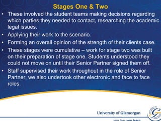 Stages One & TwoThese involved the student teams making decisions regarding which parties they needed to contact, researching the academic legal issues.Applying their work to the scenario.Forming an overall opinion of the strength of their clients case.These stages were cumulative – work for stage two was built on their preparation of stage one. Students understood they could not move on until their Senior Partner signed them off.Staff supervised their work throughout in the role of Senior Partner, we also undertook other electronic and face to face roles.