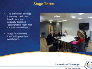 Stage ThreeThe simulation at stage three was conducted face to face in a specially designed ‘collaboration’ room with the tutor as mediator.