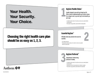 1
                                                                  KeyCare Flexible Choice                          SM




                     Your Health.                                 Sensible. Designed to move with you through your life.
                                                                  Offers a choice of additional benefits you can add or remove
                     Your Security.                               (for a change in cost), so you don’t pay for extra benefits you
                                                                  don’t need.

                     Your Choice.                                 • In-network doctor visits, for routine and sick care, covered before
                                                                    the deductible.
                                                                  • Prescription drug benefits covered before the deductible.




                                                                                                                          2
                                                    Essential KeyCare®
              Choosing the right health care plan   Affordable. Solid, basic protection that covers the
                                                    essentials.
              should be as easy as 1, 2, 3.         • Our lowest premium.
                                                    • Three doctor visits per person, for routine or sick care, covered
                                                      before the deductible.




                                                    3
                                                                  KeyCare Preferred ®
                                                                  Comprehensive. Provides strong
                                                                  protection for families.
                                                                  • In-network doctor visits, for routine and sick care, covered before
                                                                    the deductible.
                                                                  • Preventive care and immunizations for children included.
                                                                  • Prescription drug benefits covered before the deductible.



901188 (06/08).PDF                                                                                                                Page 1 of 7
 