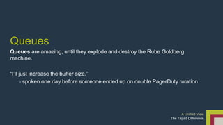 Queues 
Queues are amazing, until they explode and destroy the Rube Goldberg 
machine. 
“I’ll just increase the buffer size.” 
- spoken one day before someone ended up on double PagerDuty rotation 
A Unified View. 
The Tapad Difference. 
 