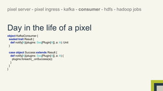 pixel server - pixel ingress - kafka - consumer - hdfs - hadoop jobs 
Day in the life of a pixel 
object KafkaConsumer { 
sealed trait Result { 
def notify[A](plugins: Seq[Plugin[A]], a: A): Unit 
} 
case object Success extends Result { 
def notify[A](plugins: Seq[Plugin[A]], a: A) { 
plugins.foreach(_.onSuccess(a)) 
} 
} 
} 
 