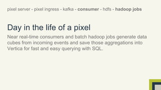 pixel server - pixel ingress - kafka - consumer - hdfs - hadoop jobs 
Day in the life of a pixel 
Near real-time consumers and batch hadoop jobs generate data 
cubes from incoming events and save those aggregations into 
Vertica for fast and easy querying with SQL. 
 
