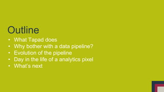 Outline 
• What Tapad does 
• Why bother with a data pipeline? 
• Evolution of the pipeline 
• Day in the life of a analytics pixel 
• What’s next 
 